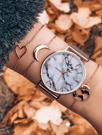 4pcs/Set Teenager Stylish Rivets Textured Dial Mesh Strap Quartz Watch & Heart Moon Bracelet, Suitable For Birthday, Halloween, Christmas Gifts