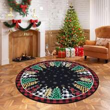 HEBE Washable 4Ft Round Christmas Area Rug Non Slip Farmhouse Round Rug For Living Room Washable Soft Circle Rugs For Bedroom Christmas Round Floor Carpet For Dining Room Xmas Holiday Decor - 黑色 - 查看 6