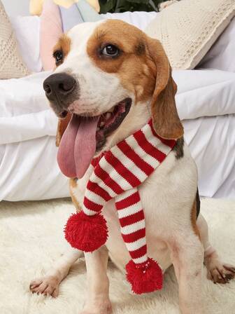 Christmas Pet Scarf, Contrast Color Stripe, Red Snowflake & Deer Pom Pom Decor, Warm & Cozy For Small/Medium Dogs