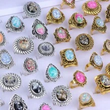 Paquete de 10 anillos de piedra natural vintage y ajustables, adecuados para joyería diaria de mujer, fiestas y regalos