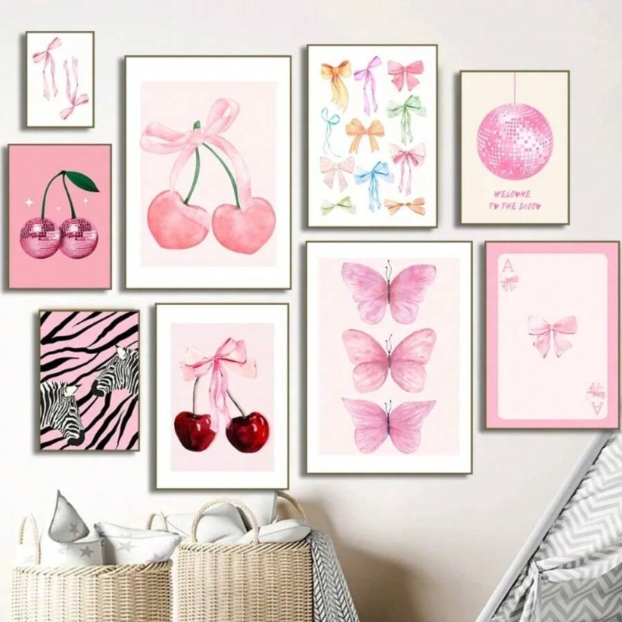 1pc Tranh vải canvas nơ màu hồng màu nước thời trang nghệ thuật treo tường quả cầu disco anh đào ngựa vằn áp phích in phòng cô gái học đường trang trí nhà không có khung - Nhiều màu - Xem 1