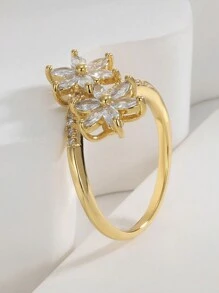 Charm-In Gorgeous Gold-Plated Flower Ring With White Cubic Zirconia Stone, Perfect Gift For Mother Or Girlfriend Valentines - Gold Inlaid White Zirconia Stones - View 3