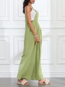 Womens Summer Solid Bib Pants Overalls Loose Baggy Wide Leg Long Pants Beach Jumpsuits Rompers For Women With Pockets