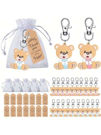 12/24pcs Cute Bear Keychains With Organza Bags And Thank You Tags, Suitable For Birthday Party Favors, Weddings, Bridal, Commemorative, Decorations, Wedding Party Favors, Valentine's Day Gifts, Wedding Guest Favors,Christmas