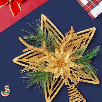 تاج شجرة عيد الميلاد بنجمة لامعة بطول 11.6 بوصة مع قرون صناعية وأوراق صنوبر - مثالي لديكور المنزل في المناسبات، الأعراس، أعياد الميلاد وغيرها من ديكورات عيد الميلاد وديكور غرفة الشتاء