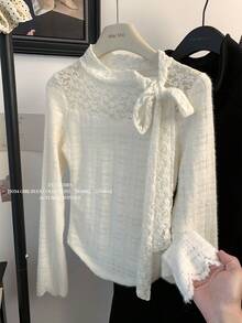 女士优雅系带撞色蕾丝衬衫 - 杏色 - 查看 9