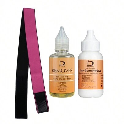 3件套蕾丝假发配件套装，包括防水蕾丝假发胶水、蕾丝假发拆卸工具和头带