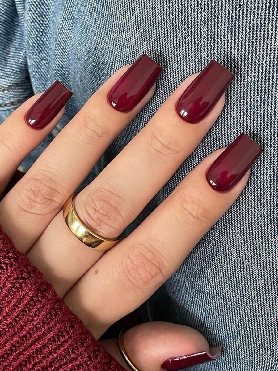 24Pcs Short Square Solid Burgundy/Red/Maroon Minimalist Wearable Nail Art Stickers, Suitable For Daily Wear, Dates, Afternoon Tea, Outings Press On Nails Nail Supplies Nails