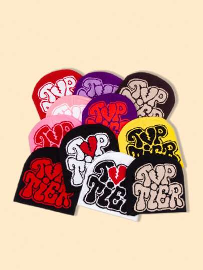 1pc Women/Men TOP TIER Intarsia Knit Beanie Hat, Warm & Fashionable Y2K Style, Suitable For Everyday Wear, Autumn/Winter Valentine's Day