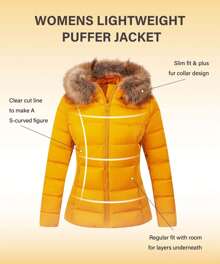 Womens Lightweight Jacket, Winter Coats For Women Warm Quilted Bubble Padded Hood Coat With Faux Fur Collar - 黃色 - 查看 4