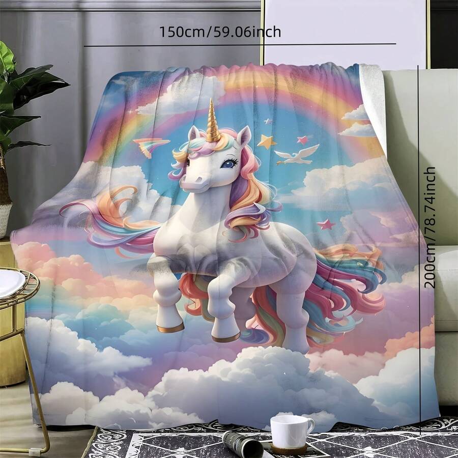 1 件浪漫彩虹独角兽薄毯 - 轻质法兰绒毯，适合沙发、床、旅行、露营、客厅、办公室、沙发、椅子和床 - 数码印花羊毛毯，采用柔软温暖的法兰绒面料 - 彩色 - 查看 1