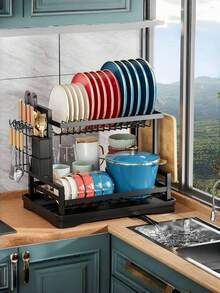 1pc Tối đa hóa không gian bếp: Giá để bát đĩa hai tầng có thớt và dụng cụ lưu trữ - Tổ chức bền và phong cách - màu đen - Xem 4