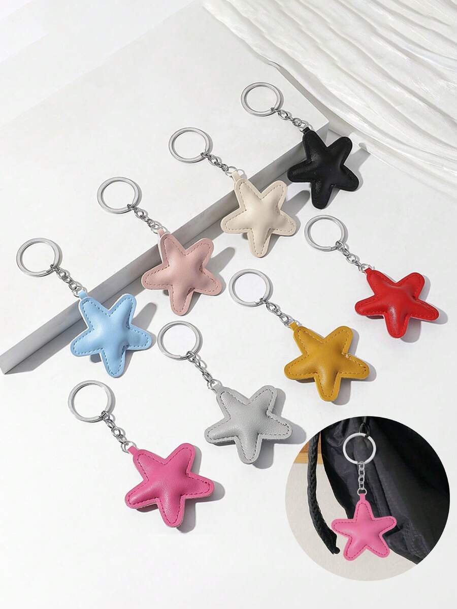 素面PU皮星形钥匙扣，空白钥匙圈包包挂饰，女士日常DIY小饰品礼物 - 彩色 - 查看 1