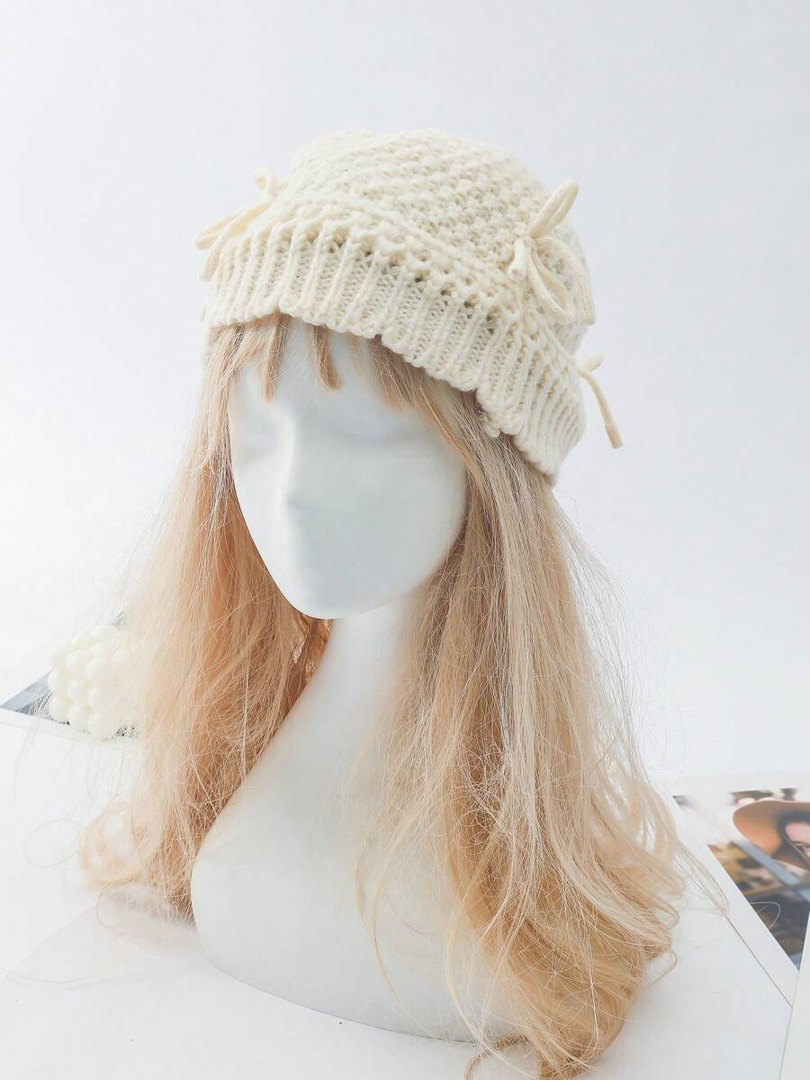 Mũ xô nơ đan INS dễ thương, Mũ đan Niche ngọt ngào đa năng, Phong cách mới Thu/Đông Hàn Quốc - Màu be - Xem 1