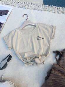 Women's T-Shirt Blouse, Be Strong & Brave Print, Short Sleeve, 100% Cotton - Màu be - Xem 2