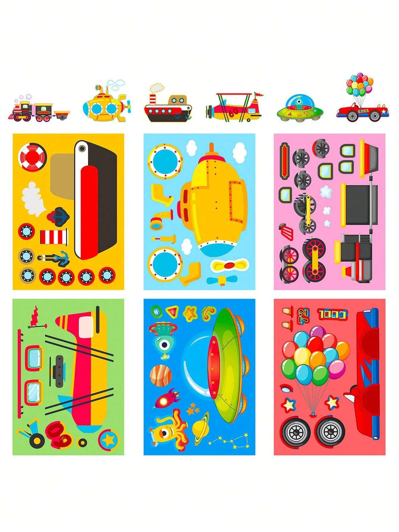 6Sheets Make Your Own Vehicle Puzzle Stickers, Cool Spaceship Submarine