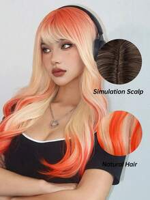 1piece Pink 24 Inch Long Curly Synthetic Wig With Bangs For Women Pink Hair Daily Cosplay Party Wigs - 彩色 - 查看 6
