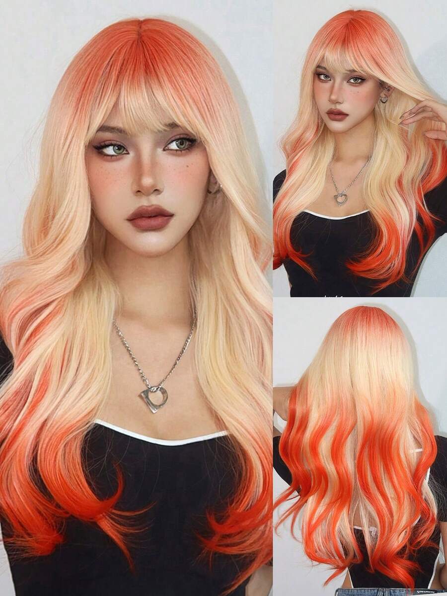 1piece Pink 24 Inch Long Curly Synthetic Wig With Bangs For Women Pink Hair Daily Cosplay Party Wigs - 彩色 - 查看 1