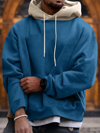 Men's New Hooded Sweatshirt, Casual Daily Drawstring Plush Solid Hoodie, Front Kangaroo Pocket, Men's Top