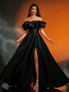 Anymoon 女士晚礼服，带荷叶边胸部细节，适合正式场合，黑色优雅舞会礼服，适合婚礼宾客、毕业典礼、晚宴、派对礼服、长袍 - 黑色 - 查看 9