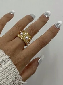 Uworld 1Pc Women's Fashionable Hammer Pattern Stainless Steel Open Ring Retro Autumn And Winter Daily Pearl Inlaid Ring - Open Ring - View 5