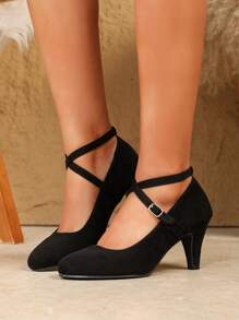 Weihnachtsgeschenkidee - Elegante Damen Ankle Band Pumps mit dickem Absatz in Unifarbe, Kreuzbandschnalle High Heels, spitze Zehen bequeme Büroschuhe, schwarze Wildleder High Heels, schwarze Tanzschuhe, schwarze High Heels, schwarze Schuhe, geeignet für alle Jahreszeiten, elegant, Kitten Heels - Schwarz - Übersicht 3