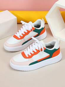 女士低帮圆头系带平底鞋，灵感来自多巴胺的白色/绿色/橙色，适合休闲穿着、圣诞礼物、时尚运动鞋 - 彩色 - 查看 5