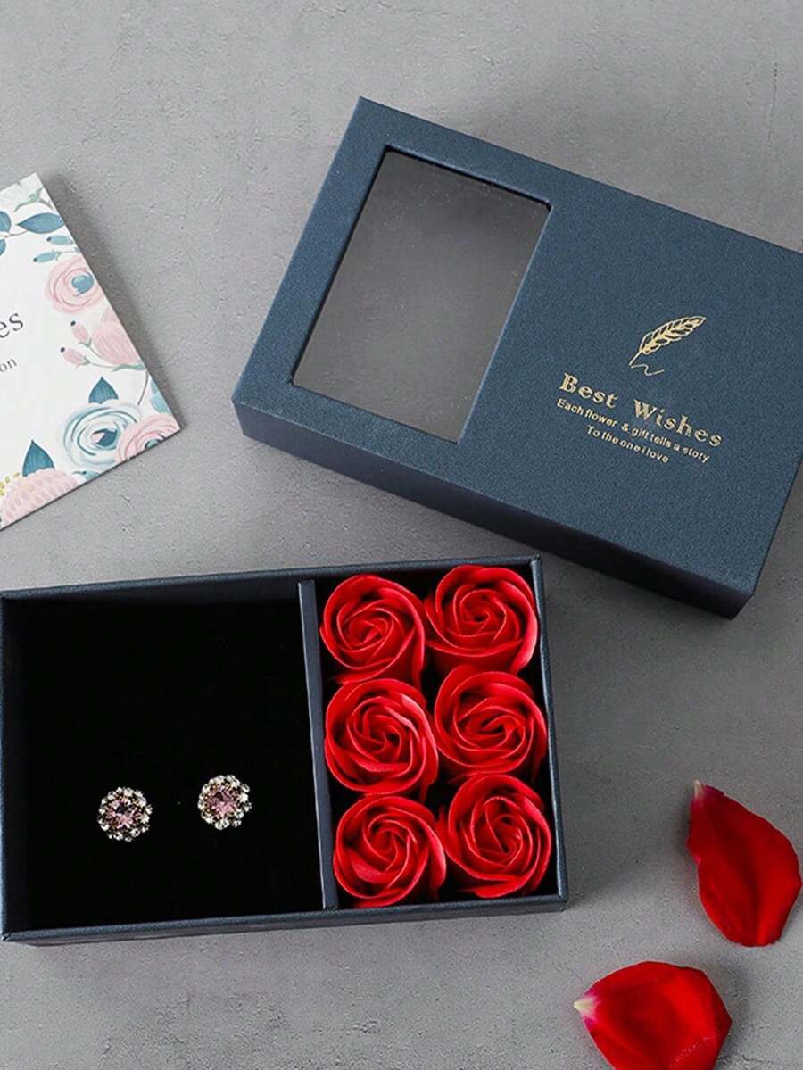 1pc Jewelry Gift Box With Heart, 6 Roses, And Feather Pattern - Blue - View 1