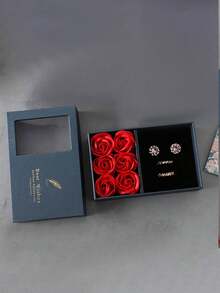 1pc Jewelry Gift Box With Heart, 6 Roses, And Feather Pattern - Blue - View 2