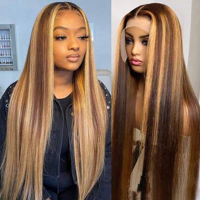 Eulisi Tóc giả thẳng màu vàng mật ong 13x4 trong suốt phía trước ren tóc giả tóc thật 4/27 highlight ombre ren tóc giả phía trước tóc thật nhổ sẵn với tóc con tóc giả không keo mật độ 180 cho phụ nữ