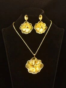 Bộ trang sức 2 món, Vòng cổ và hoa tai bằng đồng hình học rỗng hoa vàng thanh lịch cổ điển, / Phong cách sang trọng, Thích hợp khi đi làm, dự tiệc, thời trang - Vàng - Xem 2
