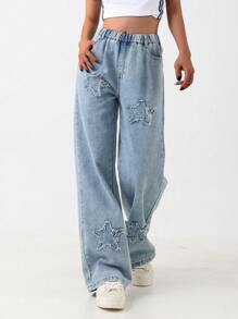 Tween/Teen Girls Cute Pentagram Wash Relaxed Fit Straight Leg Jeans