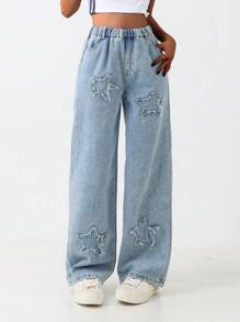 Tween/Teen Girls Cute Pentagram Wash Relaxed Fit Straight Leg Jeans