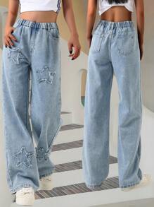 Tween/Teen Girls Cute Pentagram Wash Relaxed Fit Straight Leg Jeans