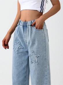 Tween/Teen Girls Cute Pentagram Wash Relaxed Fit Straight Leg Jeans