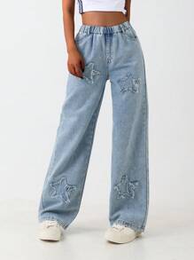 Tween/Teen Girls Cute Pentagram Wash Relaxed Fit Straight Leg Jeans