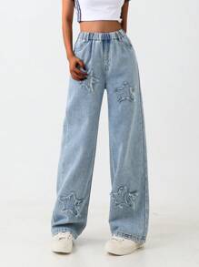 Tween/Teen Girls Cute Pentagram Wash Relaxed Fit Straight Leg Jeans