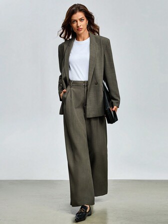 Women's Commuter Olive Green Loose Double Breasted Blazer Jacket, Turn-Down Collar Long Sleeve Formal Suit Jacket, Professional Versatile Outerwear