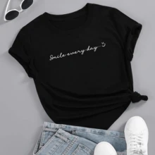 Women's T-Shirt Smile Phrases Faces Beautiful 100% Cotton - 黑色 - 查看 1