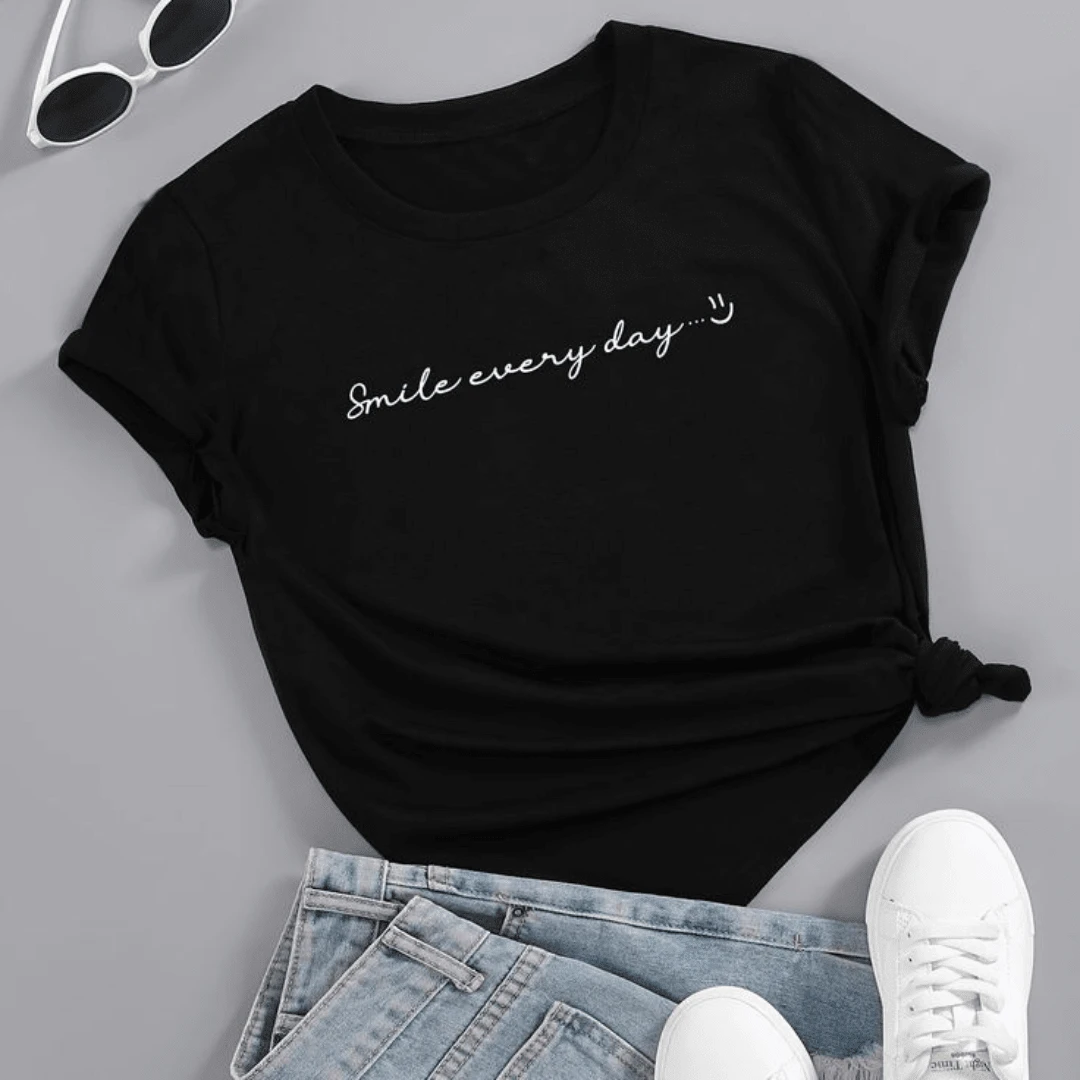 Women's T-Shirt Smile Phrases Faces Beautiful 100% Cotton - 黑色 - 查看 1