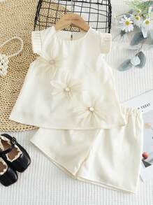 Set casual da 2 pezzi per ragazza, composto da canotta e pantaloncini per l'estate - Beige - Visualizzare 3