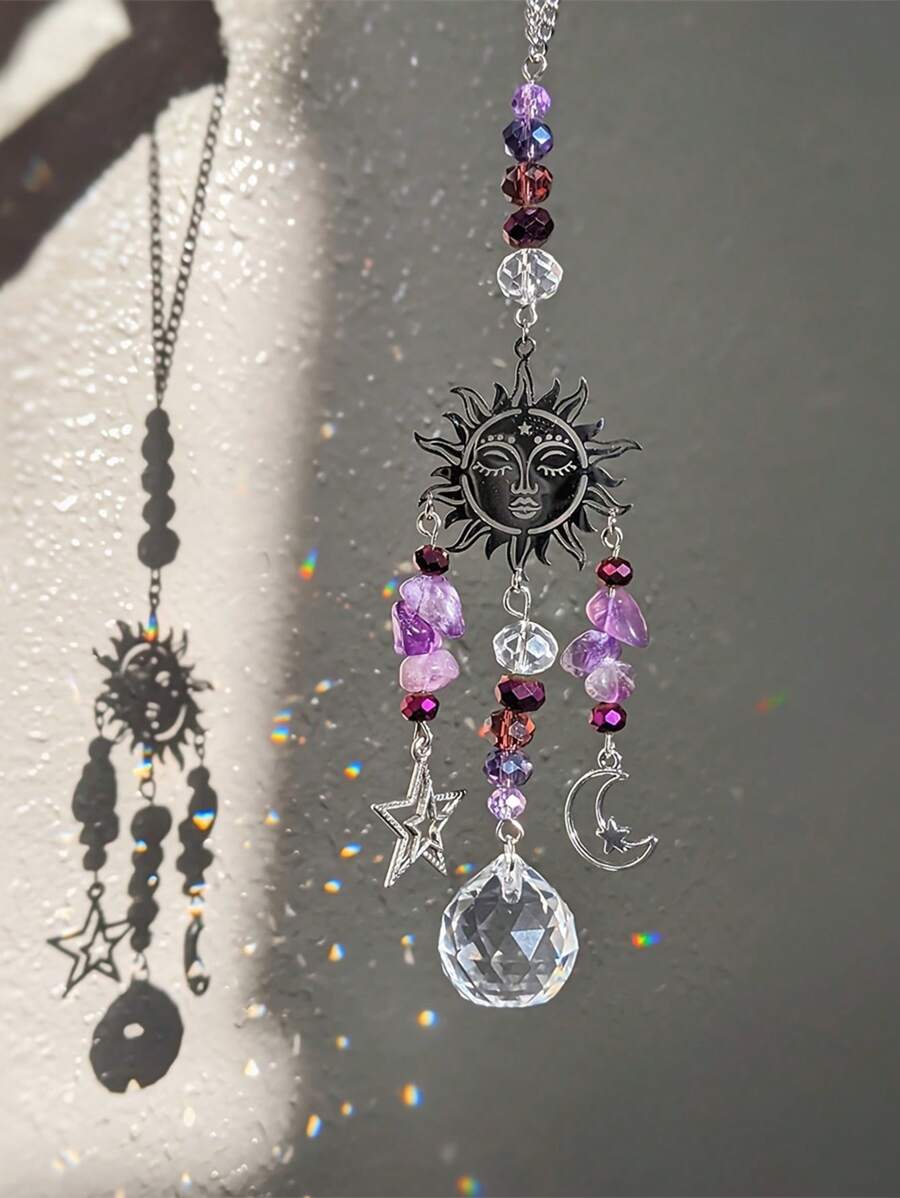 1pc Purple Amethyst Moon Goddess Dreamcatcher, Celestial Purple Amethyst Moon & Stars, Decoration, Car Decor, Holiday Event Party Decor, Holiday Gift Festival Decoration, Home Decor, Room Decor, Wall Decor Gifts Birthday Graduation E-I-D - Multicolor - View 1