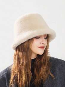 1pc Solid Color Casual Elegant Street Chic Polyester (Polyester) Fluffy Fluffy Patchwork Frayed Edge Bucket Hat, Versatile For Fall/Winter