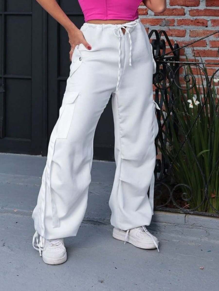 Parachute Loose Cargo Pants Tailored High Waist Pockets Women's Clothing Fashion Spring Summer - 白色 - 查看 1