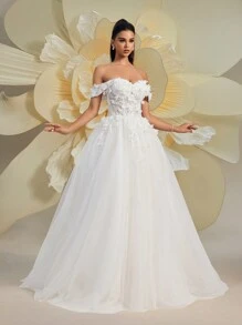 Đầm cưới HEARBOBO Forest Fairy trễ vai, quý phái và lãng mạn, thêu ren hoa, voan xếp tầng, kiểu dáng đồng quê, thích hợp cho đám cưới mùa xuân thanh lịch vào ngày Valentine. - trắng - Xem 10