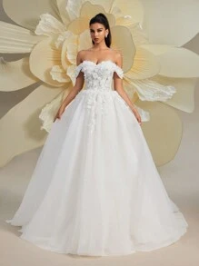 Đầm cưới HEARBOBO Forest Fairy trễ vai, quý phái và lãng mạn, thêu ren hoa, voan xếp tầng, kiểu dáng đồng quê, thích hợp cho đám cưới mùa xuân thanh lịch vào ngày Valentine. - trắng - Xem 3