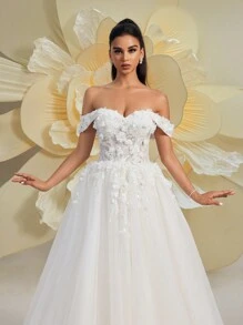 Đầm cưới HEARBOBO Forest Fairy trễ vai, quý phái và lãng mạn, thêu ren hoa, voan xếp tầng, kiểu dáng đồng quê, thích hợp cho đám cưới mùa xuân thanh lịch vào ngày Valentine. - trắng - Xem 4