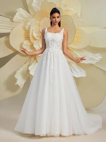 Váy cưới bồng bềnh họa tiết hoa 3D không tay HEARBOBO - trắng - Xem 8