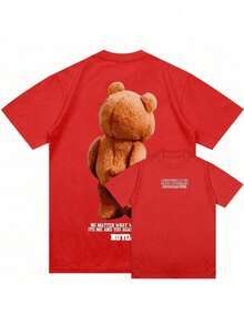 Unisex Hip Hop Teddy Bear Print T-Shirt - Đỏ - Xem 1