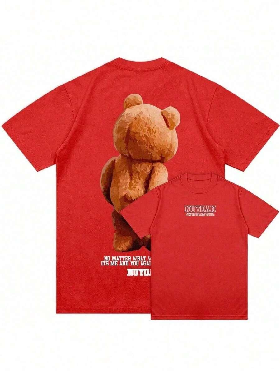 Unisex Hip Hop Teddy Bear Print T-Shirt - Đỏ - Xem 1